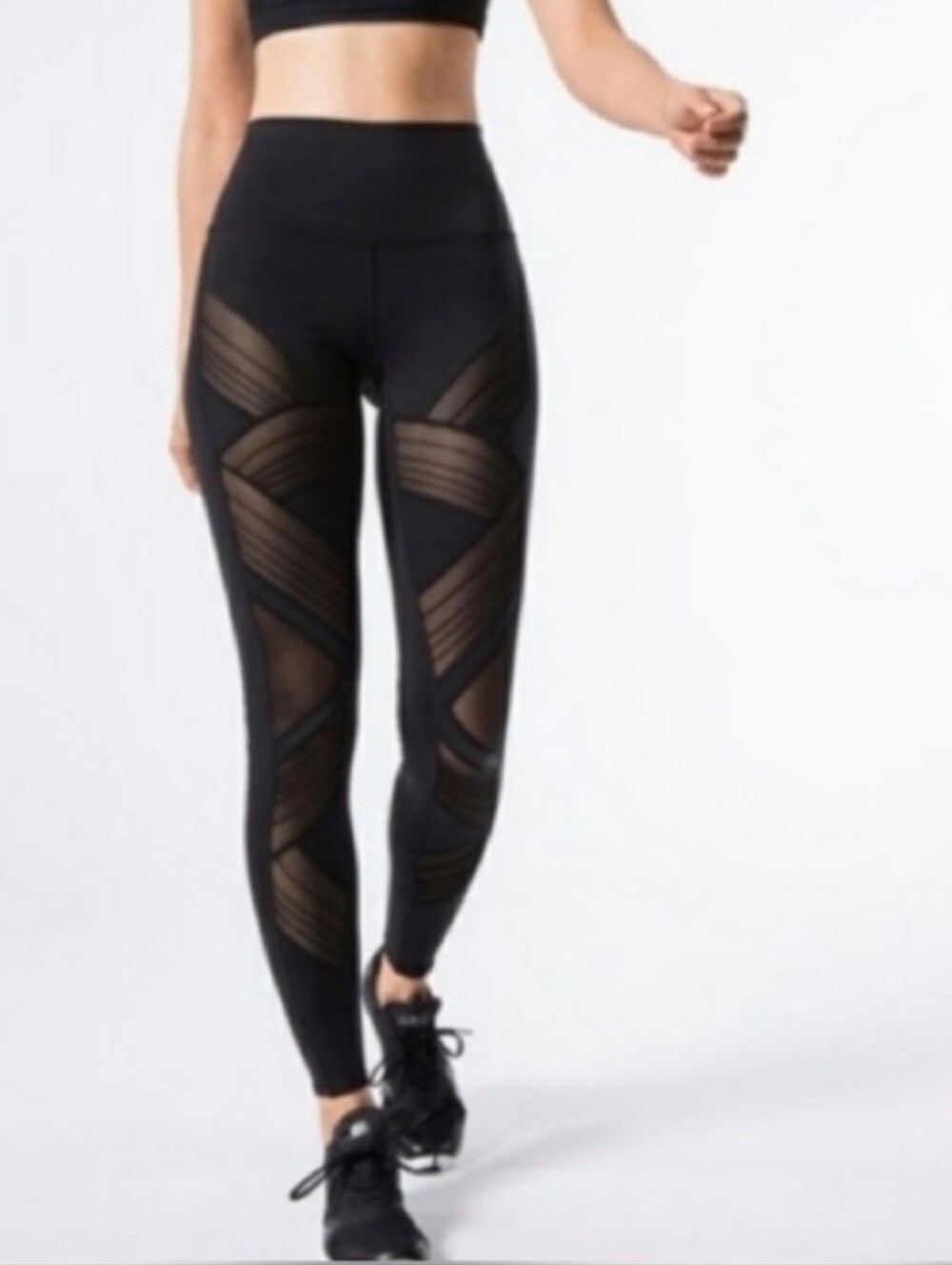 ALO💎 Yoga Black High-Rise Leggings with Geometric Mesh Panels